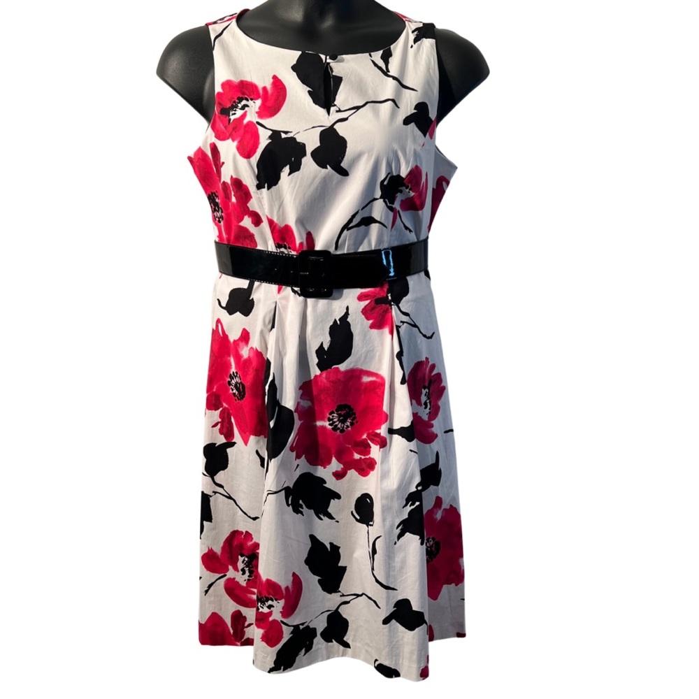 Jessica Howard Women's Black, White and Pink Dress with Black Belt| Size: 12